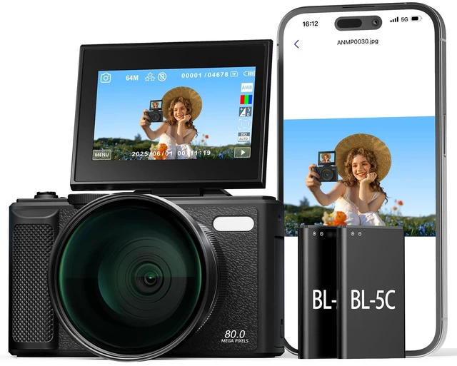 Main image of 5K Wi-Fi Digital Camera for Photography, 80MP Autofoucs Vlogging Camera for YouTube with 3" 180° Flip Screen, 18X Digital Zoom Travel Camera for Beginner, Teens with 64GB Memory Card 2 Batteries