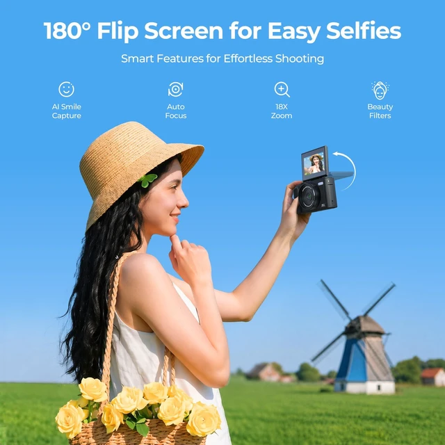 Alt view image 3 of 7 - 5K Wi-Fi Digital Camera for Photography, 80MP Autofoucs Vlogging Camera for YouTube with 3" 180° Flip Screen, 18X Digital Zoom Travel Camera for Beginner, Teens with 64GB Memory Card 2 Batteries