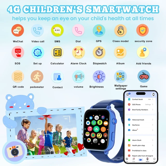 Alt view image 2 of 7 - 4G Kids Smart Watch for Boys Girls, Kid Watch Phone Ages 4-12 with Call, GPS, SOS, Video Call, Games, Camera, Alarm, Touchscreen Smartwatch for Children Birthday Gift (Includes SIM Card),Navy Blue
