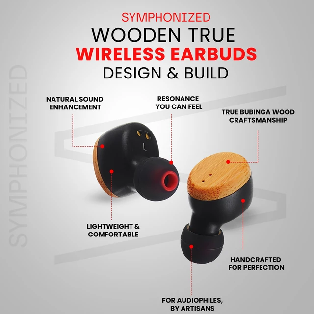 Alt view image 2 of 7 - Wooden True Wireless Earbuds Crisp Highs with Deep Bass, 35H Playtime of 3D Sound. Noise Cancelling with Microphone. Fast Charging for iPhone and Android Devices. Bluetooth 5.0