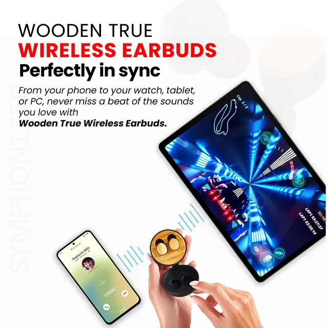 Alt view image 4 of 7 - Wooden True Wireless Earbuds Crisp Highs with Deep Bass, 35H Playtime of 3D Sound. Noise Cancelling with Microphone. Fast Charging for iPhone and Android Devices. Bluetooth 5.0