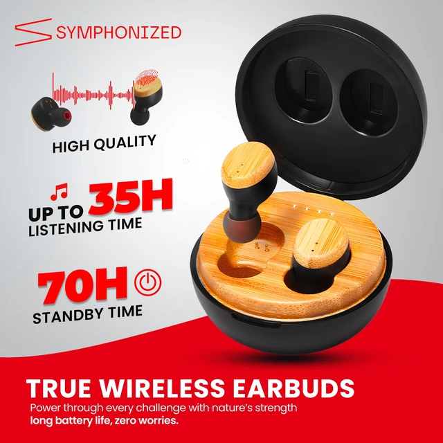 Alt view image 5 of 7 - Wooden True Wireless Earbuds Crisp Highs with Deep Bass, 35H Playtime of 3D Sound. Noise Cancelling with Microphone. Fast Charging for iPhone and Android Devices. Bluetooth 5.0