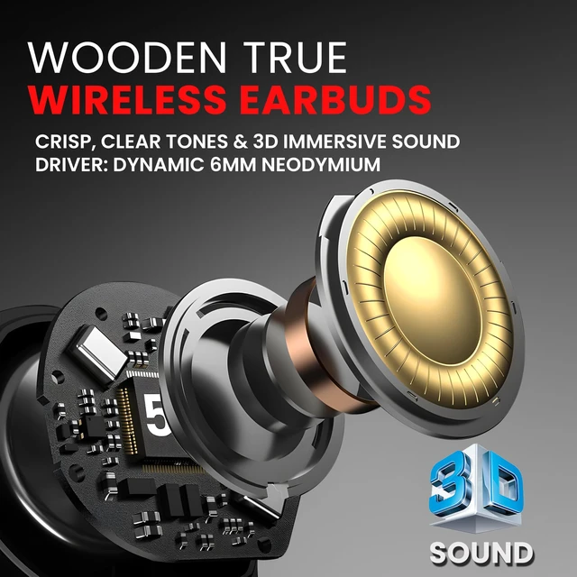 Alt view image 6 of 7 - Wooden True Wireless Earbuds Crisp Highs with Deep Bass, 35H Playtime of 3D Sound. Noise Cancelling with Microphone. Fast Charging for iPhone and Android Devices. Bluetooth 5.0