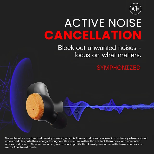 Alt view image 3 of 7 - Wooden True Wireless Earbuds Crisp Highs with Deep Bass, 35H Playtime of 3D Sound. Noise Cancelling with Microphone. Fast Charging for iPhone and Android Devices. Bluetooth 5.0