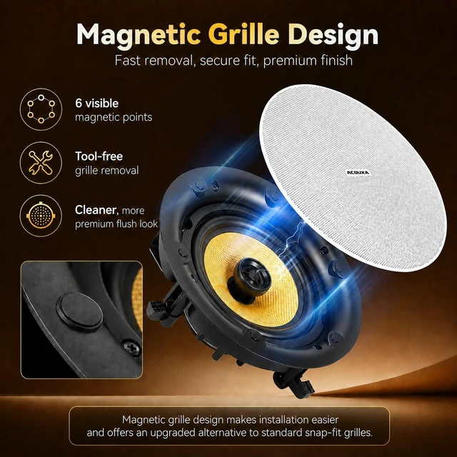 Alt view image 4 of 7 - 6.5" Bluetooth 6.0 Ceiling Speakers,600W Max,Magnetic Grille Design 2-Way Coaxial Woofer & Tweeter,Wireless & Wired Dual Mode Connection,Ideal for Home Theater, Game Room & Office,MT30 (Pair)