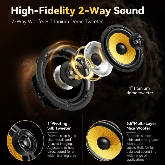 Alt view image 3 of 7 - 6.5" Bluetooth 6.0 Ceiling Speakers,600W Max,Magnetic Grille Design 2-Way Coaxial Woofer & Tweeter,Wireless & Wired Dual Mode Connection,Ideal for Home Theater, Game Room & Office,MT30 (Pair)