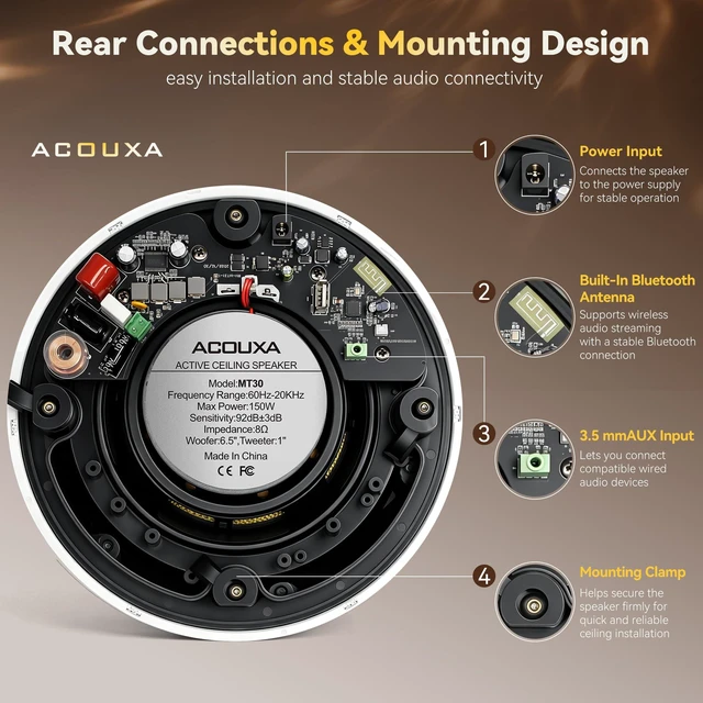 Alt view image 6 of 7 - 6.5" Bluetooth 6.0 Ceiling Speakers,600W Max,Magnetic Grille Design 2-Way Coaxial Woofer & Tweeter,Wireless & Wired Dual Mode Connection,Ideal for Home Theater, Game Room & Office,MT30 (Pair)