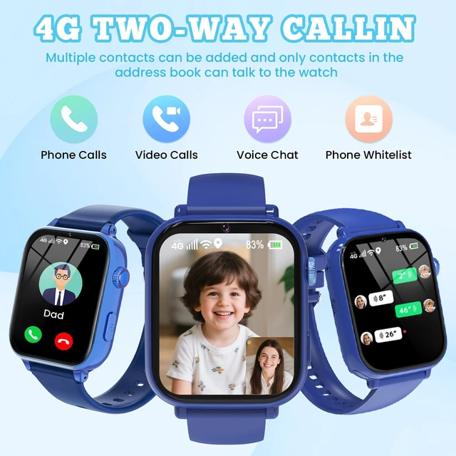 Alt view image 4 of 7 - 4G Kids Smart Watch for Boys Girls, Kid Watch Phone Ages 4-12 with Call, GPS, SOS, Video Call, Games, Camera, Alarm, Touchscreen Smartwatch for Children Birthday Gift (Includes SIM Card),Navy Blue