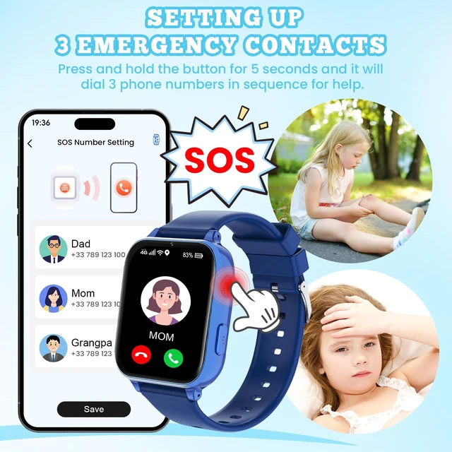 Alt view image 5 of 7 - 4G Kids Smart Watch for Boys Girls, Kid Watch Phone Ages 4-12 with Call, GPS, SOS, Video Call, Games, Camera, Alarm, Touchscreen Smartwatch for Children Birthday Gift (Includes SIM Card),Navy Blue