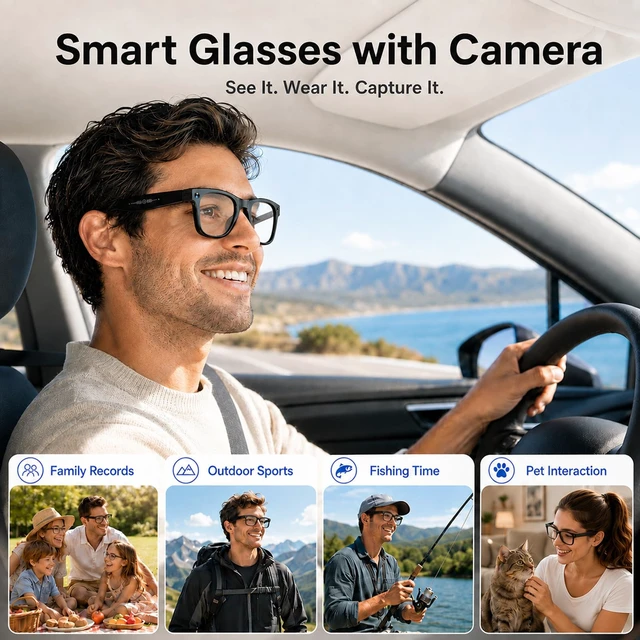 Alt view image 6 of 7 - AI Smart Glasses with Camera, 13MP HD Capture, 4K EIS, Transparent Lenses Real-Time Translation, Dual Open-Ear Speakers, Object Recognition, AI Assistant, Bluetooth Calling, IP66 Water Resistance