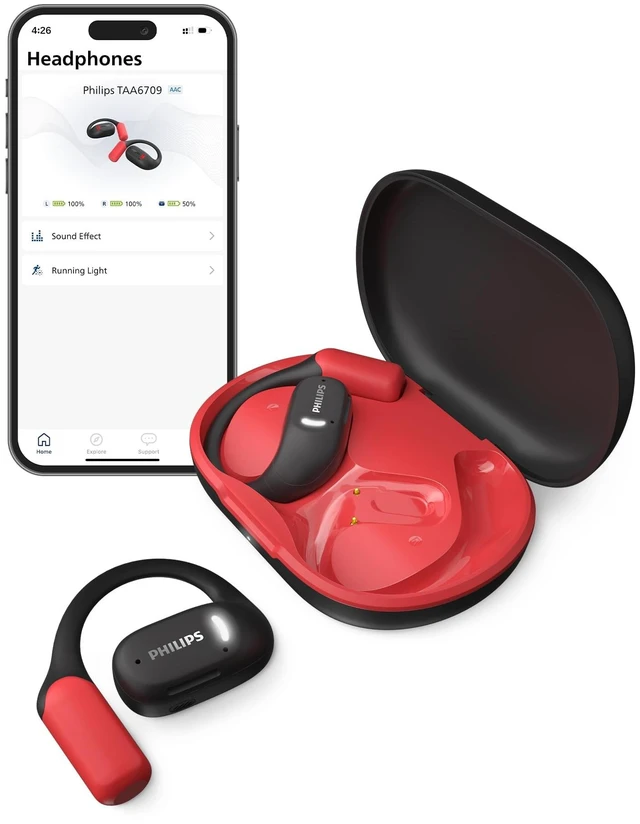 Main image of A6709 Open-Ear True Wireless Bluetooth Headphones - 28 Hours Play Time, Air Conduction, IP55 Water Resistant, Black/Red