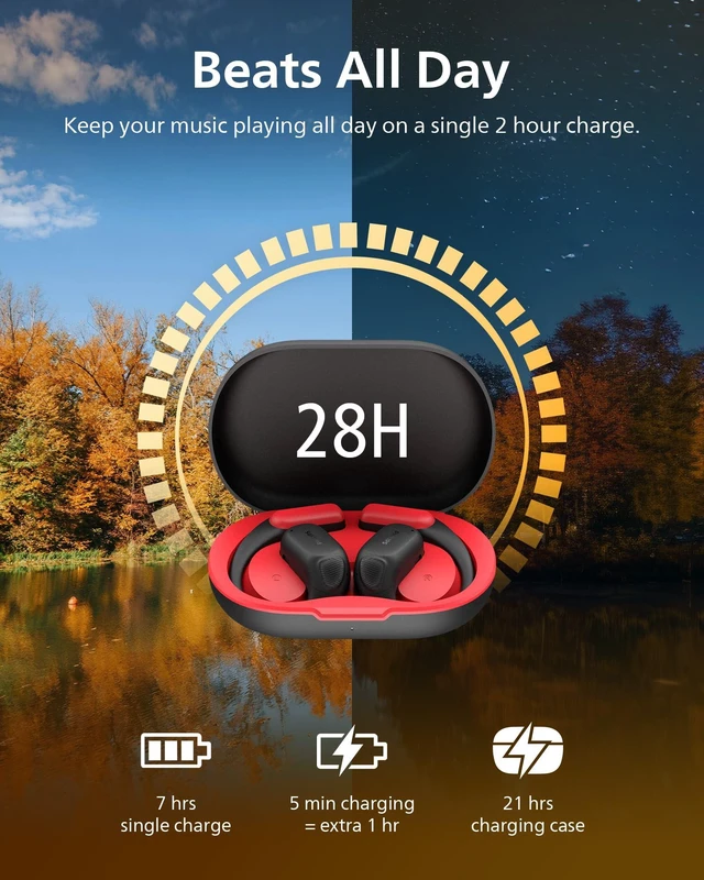 Alt view image 3 of 7 - A6709 Open-Ear True Wireless Bluetooth Headphones - 28 Hours Play Time, Air Conduction, IP55 Water Resistant, Black/Red