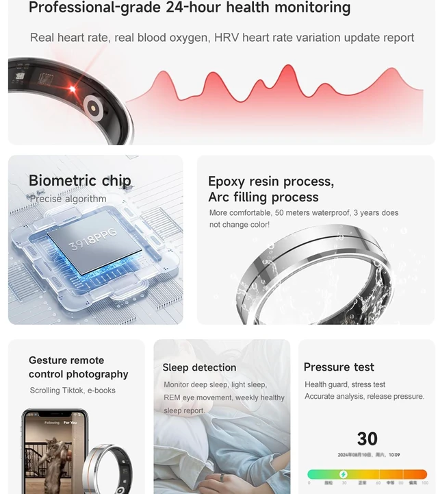 Alt view image 2 of 7 - Smart Ring for Women & Men, Health Tracker with Blood Oxygen Monitor, Heart Rate & Sleep Monitor, 4-7 Days Battery, Waterproof Fitness Ring Size #7