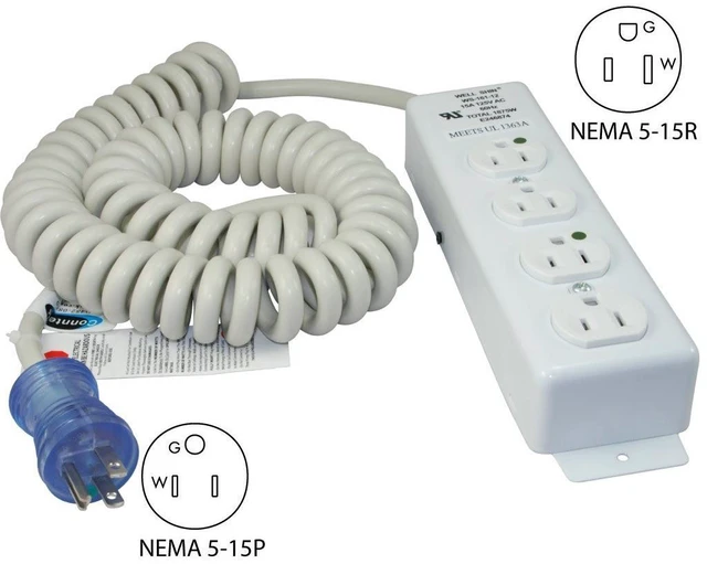 Alt view image 4 of 4 - 55220-CC Up to 12-Feet 14/3 Hospital Grade Coiled Cord with Medical 4 Outlets Power Strip for Model UL1363A