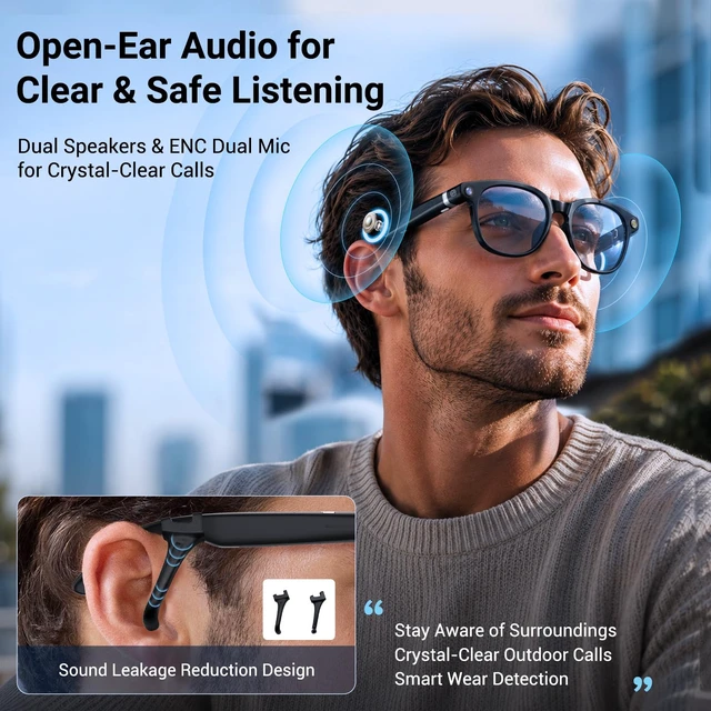 Alt view image 4 of 7 - AI Smart Glasses with Camera, Bluetooth Glasses with HD Photo & Video Recording, EIS Anti-Shake, AI Translation & Object Recognition, Open-Ear Audio, Photochromic Lenses for Travel & Vlog