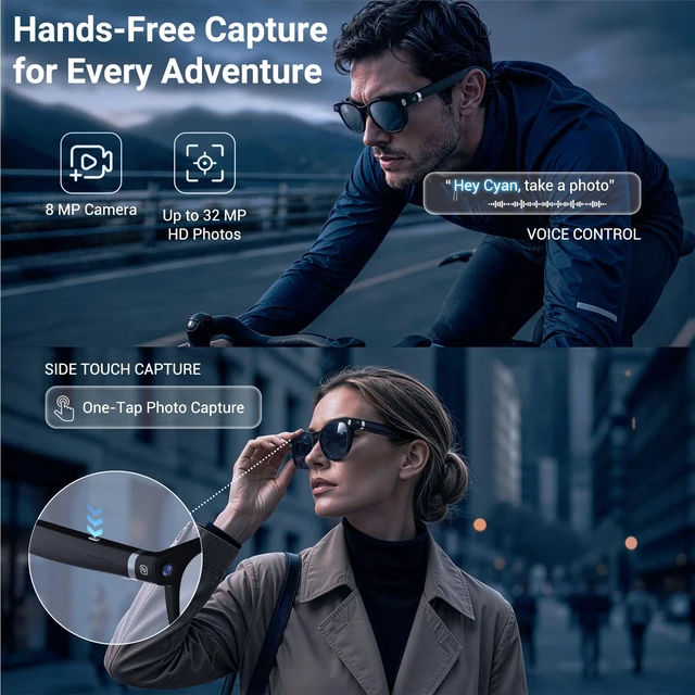Alt view image 3 of 7 - AI Smart Glasses with Camera, Bluetooth Glasses with HD Photo & Video Recording, EIS Anti-Shake, AI Translation & Object Recognition, Open-Ear Audio, Photochromic Lenses for Travel & Vlog