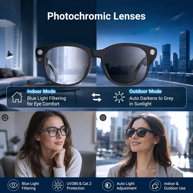 Alt view image 6 of 7 - AI Smart Glasses with Camera, Bluetooth Glasses with HD Photo & Video Recording, EIS Anti-Shake, AI Translation & Object Recognition, Open-Ear Audio, Photochromic Lenses for Travel & Vlog