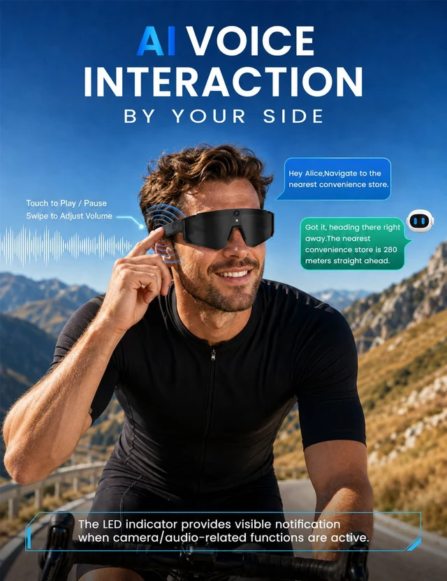 Alt view image 3 of 7 - AI Smart Glasses with Camera, 4K HD Video Recording Sport Sunglasses Bluetooth ChatGPT Voice Real-Time Translation, IP65 UV400 Sunglasses for Baseball, Cycling & Hiking, Black
