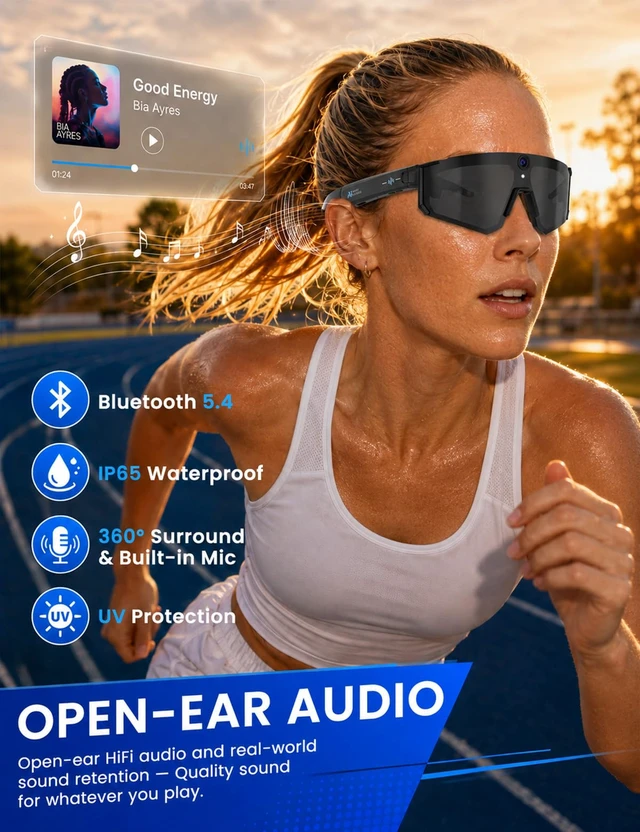 Alt view image 7 of 7 - AI Smart Glasses with Camera, 4K HD Video Recording Sport Sunglasses Bluetooth ChatGPT Voice Real-Time Translation, IP65 UV400 Sunglasses for Baseball, Cycling & Hiking, Black