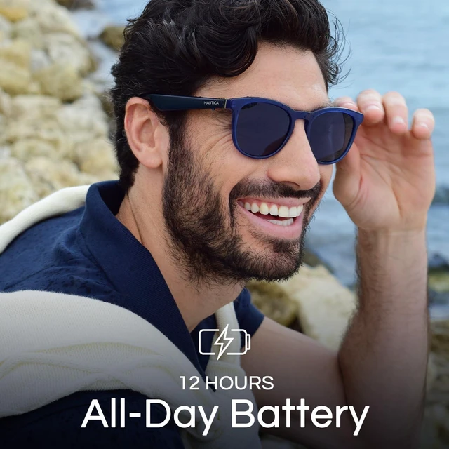 Alt view image 6 of 7 - Lucyd Tailwind Smart Sunglasses for Men & Women - Wireless Smart Glasses with Open Ear Speakers and Microphone, Polarized UV400 Lenses - Solid Navy Blue (Wide Fit)