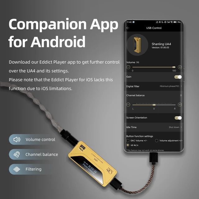 Alt view image 7 of 7 - UA4 Headphone Amplifier,Portable USB DAC AMP,Support MQA 16X,768kHz DSD512,High Driving Power for Android/iOS/Mac/Windows,dongle Volume Control,3.5/4.4mm up to 237mW@32 Output (Blue)