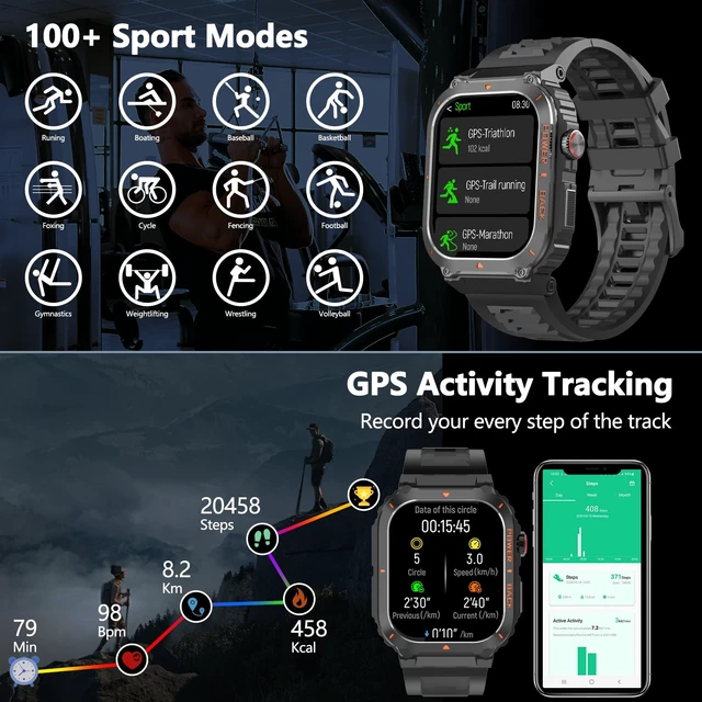 Alt view image 3 of 7 - Smart Watch for Men, Military GPS Smartwatches with Call/Text, Health Monitor(Heart Rate/SpO2/Sleep), Compass/Altitude/Barometer, Outdoor Fitness Tracker for iPhone/Android(with GPS, Black)