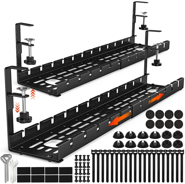 Main image of 2 Pack Cable Management Under Desk, 15.7"-31" Retractable Cable Management Tray, No Drilling Cord Organizer with Clamp for Desk, Under Table Wire Management Tray for Home Office