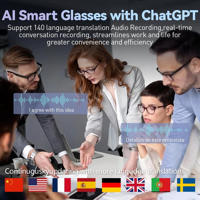 Alt view image 4 of 7 - AI Smart Glasses with Camera for Men and Women,8MP HD Bluetooth Camera Glasses, Replaceable Lenses/Real-Time Translation/Voice Control,Music Playback for Travel/Outdoor/Business (Transparent)