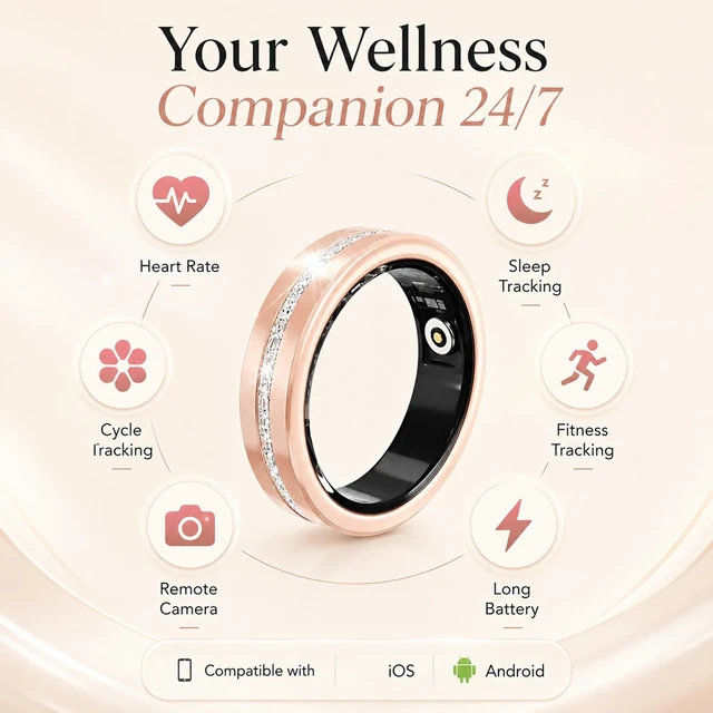 Alt view image 3 of 7 - Smart Ring for Women Health Ring with 24/7 Heart Rate Monitor Sleep Tracker Multi-Sport Modes Waterproof Remote Camera Period Tracking Fitness Tracker Diamond-Accented Fashion iOS Android Phones