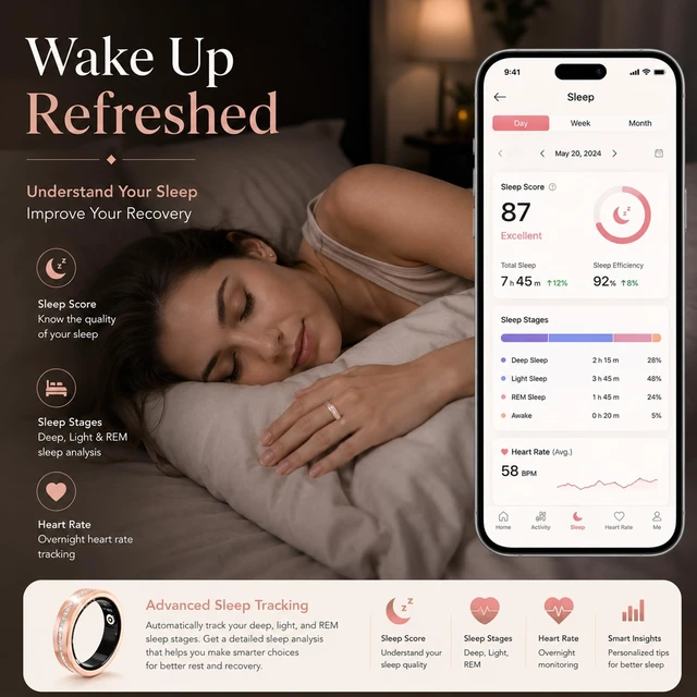 Alt view image 5 of 7 - Smart Ring for Women Health Ring with 24/7 Heart Rate Monitor Sleep Tracker Multi-Sport Modes Waterproof Remote Camera Period Tracking Fitness Tracker Diamond-Accented Fashion iOS Android Phones