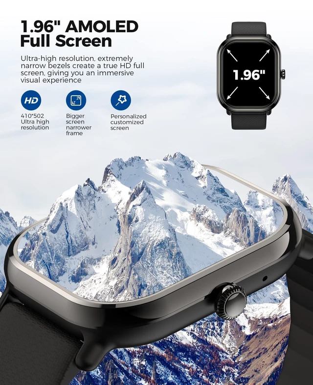 Alt view image 2 of 7 - Smartwatch(Answer/Make Call), AMOLED Smart Watches for Women with 100+ Sport Modes/Blood Pressure/Heart Rate Monitor,IP68 Waterproof Fitness Tracker Compatible with iOS and Android (Black, 1.96)