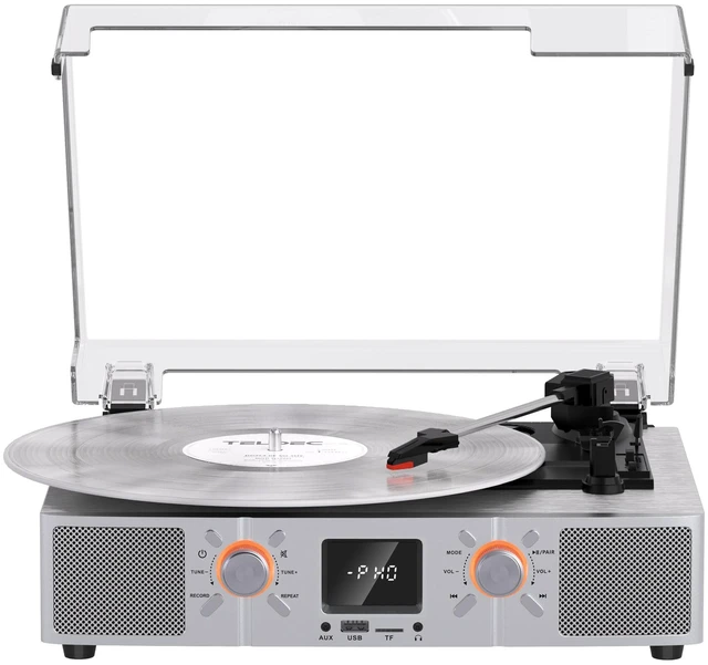 Main image of VinylsLink Vinyl Record Player with Speakers, Bluetooth Turntable, 3-Speed LP Player with Auto Stop, USB/TF Playback and Recording, FM Radio, LED Display, RCA Out, AUX in, Headphone Jack, Silver