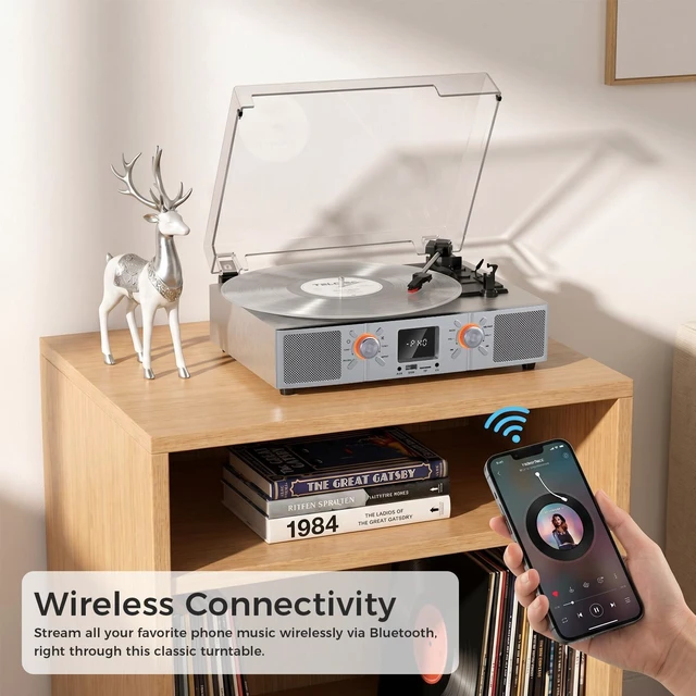 Alt view image 3 of 7 - VinylsLink Vinyl Record Player with Speakers, Bluetooth Turntable, 3-Speed LP Player with Auto Stop, USB/TF Playback and Recording, FM Radio, LED Display, RCA Out, AUX in, Headphone Jack, Silver