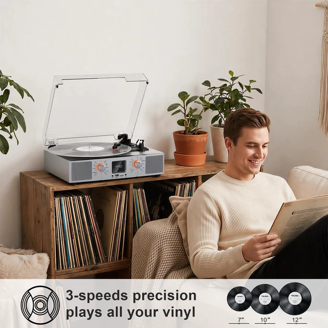 Alt view image 2 of 7 - VinylsLink Vinyl Record Player with Speakers, Bluetooth Turntable, 3-Speed LP Player with Auto Stop, USB/TF Playback and Recording, FM Radio, LED Display, RCA Out, AUX in, Headphone Jack, Silver
