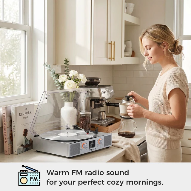 Alt view image 4 of 7 - VinylsLink Vinyl Record Player with Speakers, Bluetooth Turntable, 3-Speed LP Player with Auto Stop, USB/TF Playback and Recording, FM Radio, LED Display, RCA Out, AUX in, Headphone Jack, Silver