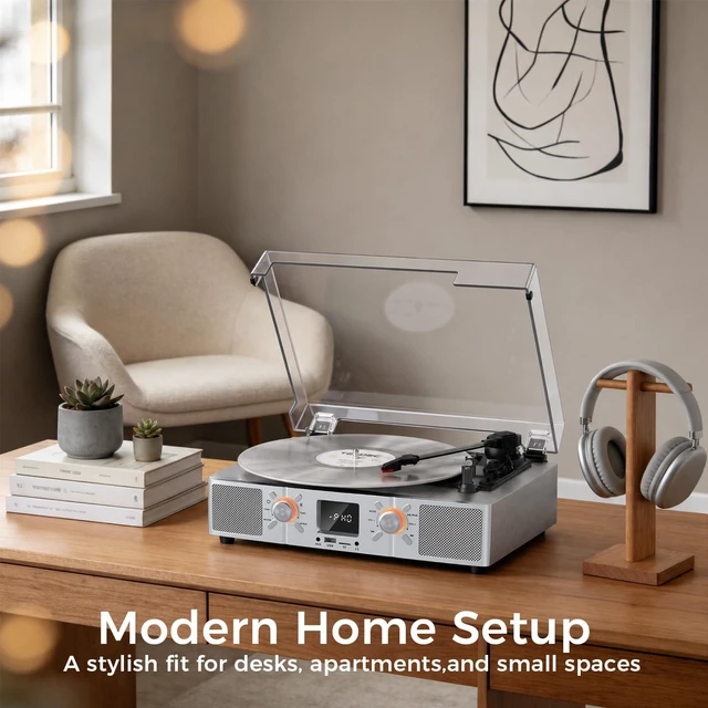Alt view image 5 of 7 - VinylsLink Vinyl Record Player with Speakers, Bluetooth Turntable, 3-Speed LP Player with Auto Stop, USB/TF Playback and Recording, FM Radio, LED Display, RCA Out, AUX in, Headphone Jack, Silver