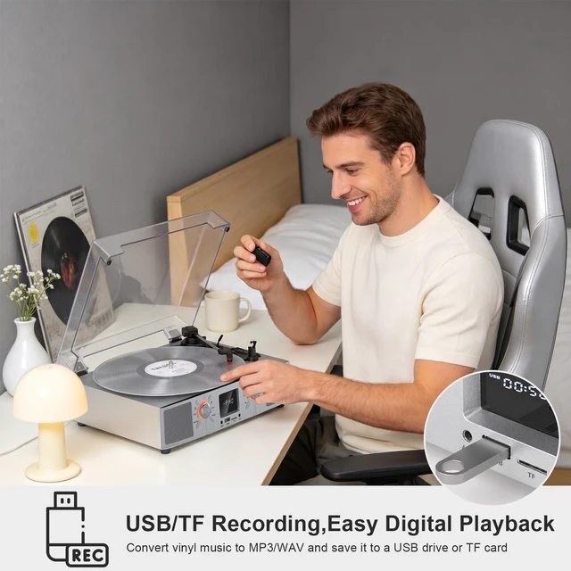 Alt view image 7 of 7 - VinylsLink Vinyl Record Player with Speakers, Bluetooth Turntable, 3-Speed LP Player with Auto Stop, USB/TF Playback and Recording, FM Radio, LED Display, RCA Out, AUX in, Headphone Jack, Silver
