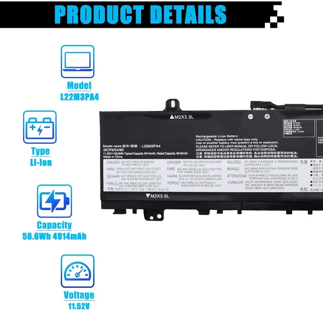 Alt view image 2 of 7 - L22M3PA4 Laptop Battery Replacement for Lenovo IdeaPad Slim 5 16ABR8 16IAH8 16IRL8 Series L22L3PA4 L22C3PA4 L22B3PA4 56.6Wh 4914mAh 11.52V