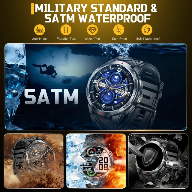 Alt view image 2 of 7 - Military Smart Watch for Men with 1100 mAh Battery/LED Flashlight/1.7" HD Rugged Tactical Smartwatch with Text and Call/Compass, 5ATM Waterproof Fitness Tracker with HR/Sleep Monitor for iOS Android