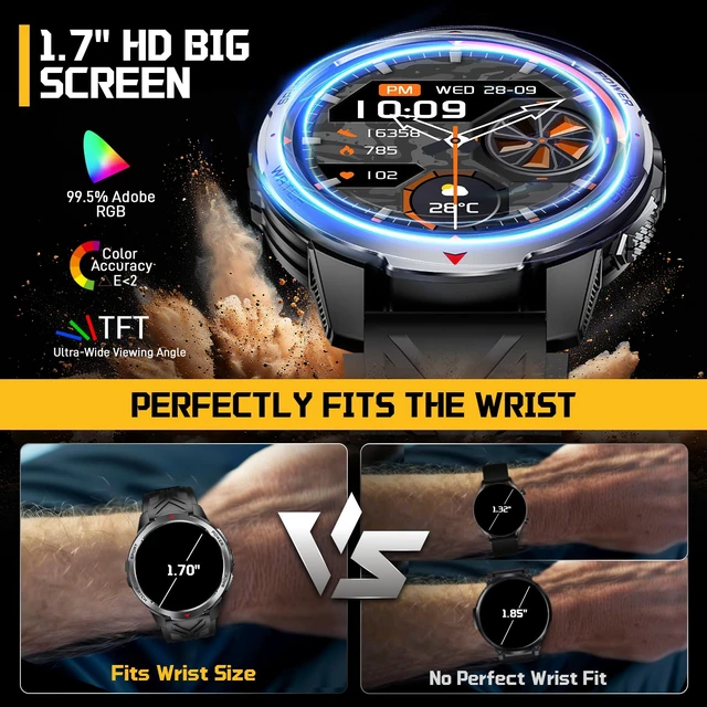 Alt view image 6 of 7 - Military Smart Watch for Men with 1100 mAh Battery/LED Flashlight/1.7" HD Rugged Tactical Smartwatch with Text and Call/Compass, 5ATM Waterproof Fitness Tracker with HR/Sleep Monitor for iOS Android
