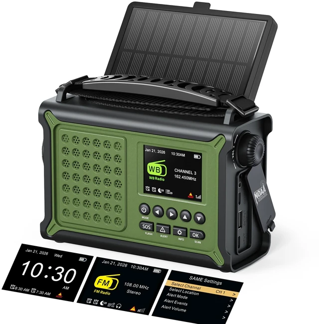 Main image of S.A.M.E. NOAA Emergency Weather Radio with FM and 12000mAh Battery S.A.M.E. County Alerts, 80+ Event Codes, 2.4" Color Menu, Solar & Crank Backup, Dual Alarms, Reading Lamp, Flashlight & SOS