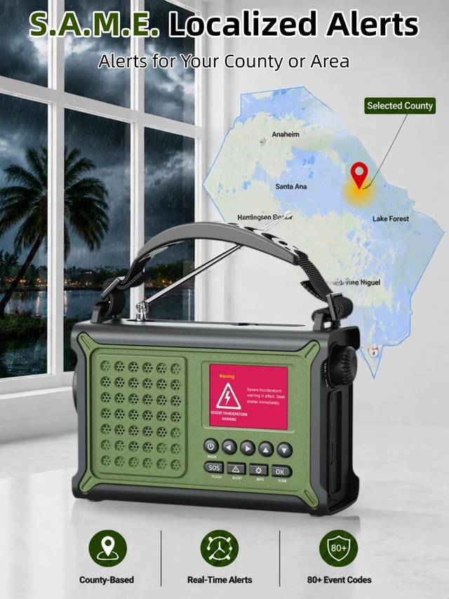 Alt view image 2 of 7 - S.A.M.E. NOAA Emergency Weather Radio with FM and 12000mAh Battery S.A.M.E. County Alerts, 80+ Event Codes, 2.4" Color Menu, Solar & Crank Backup, Dual Alarms, Reading Lamp, Flashlight & SOS