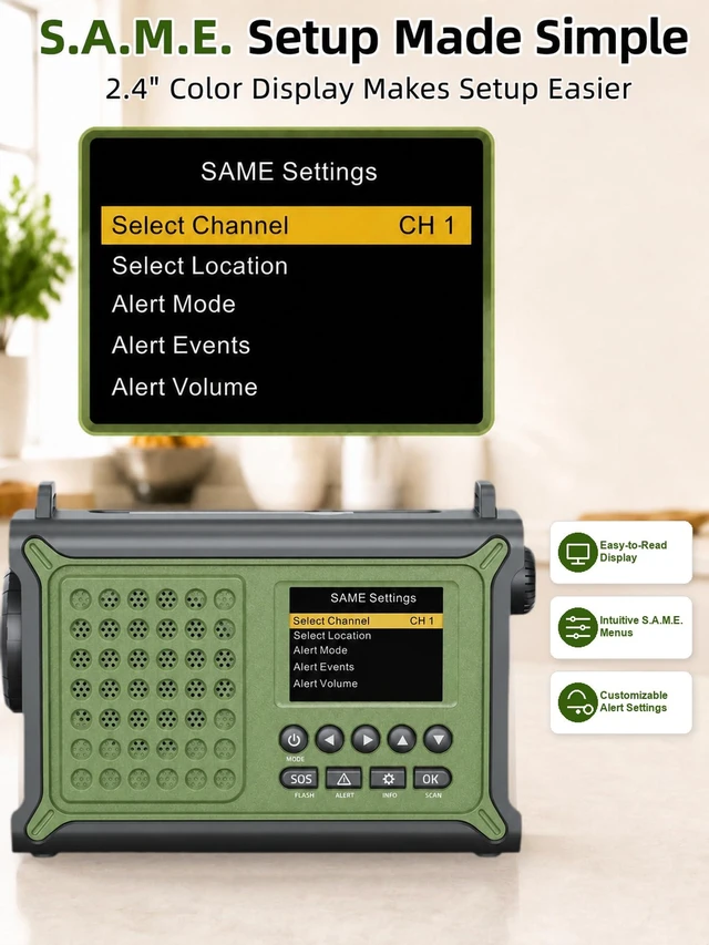 Alt view image 3 of 7 - S.A.M.E. NOAA Emergency Weather Radio with FM and 12000mAh Battery S.A.M.E. County Alerts, 80+ Event Codes, 2.4" Color Menu, Solar & Crank Backup, Dual Alarms, Reading Lamp, Flashlight & SOS
