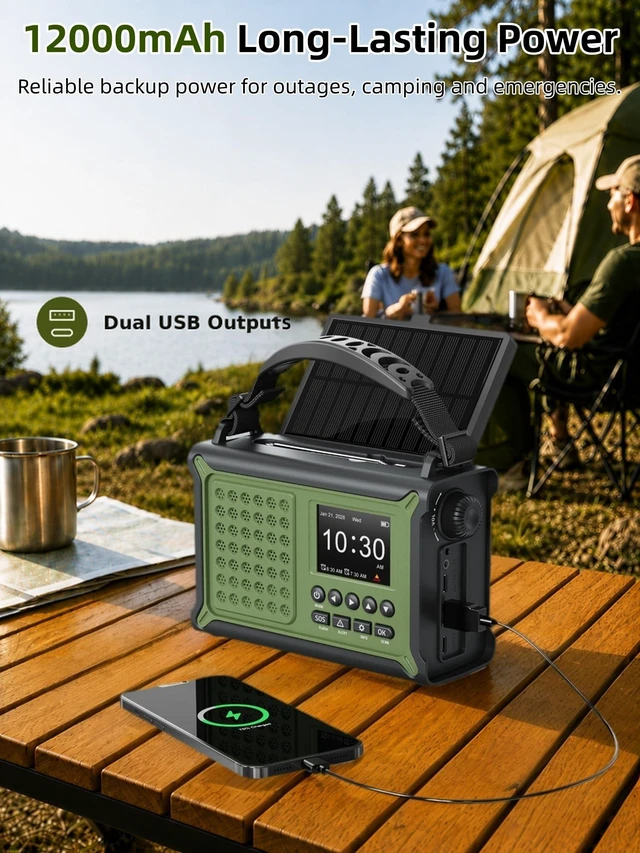 Alt view image 5 of 7 - S.A.M.E. NOAA Emergency Weather Radio with FM and 12000mAh Battery S.A.M.E. County Alerts, 80+ Event Codes, 2.4" Color Menu, Solar & Crank Backup, Dual Alarms, Reading Lamp, Flashlight & SOS