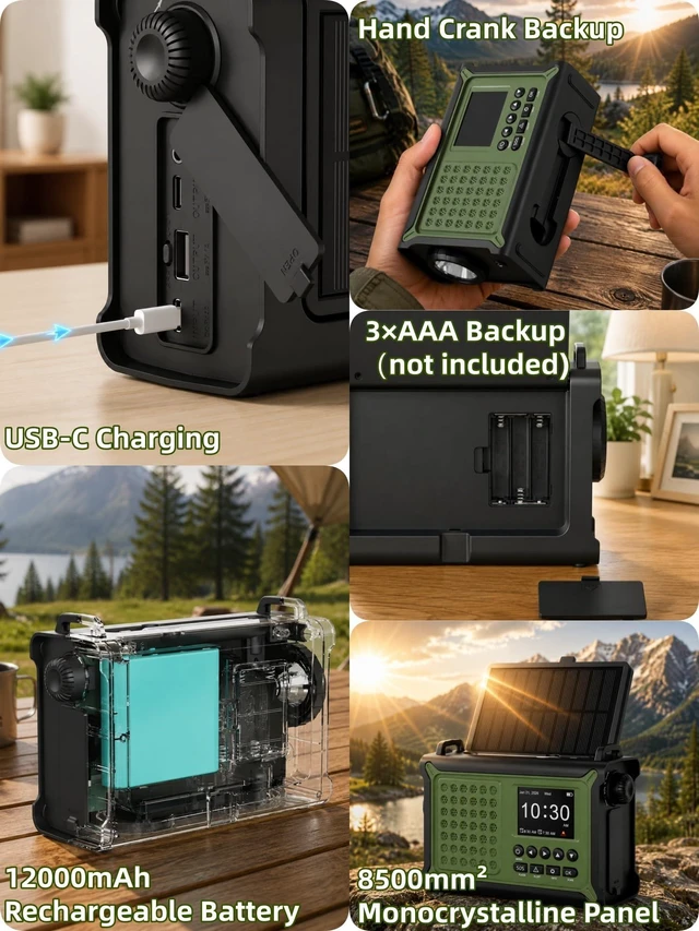 Alt view image 6 of 7 - S.A.M.E. NOAA Emergency Weather Radio with FM and 12000mAh Battery S.A.M.E. County Alerts, 80+ Event Codes, 2.4" Color Menu, Solar & Crank Backup, Dual Alarms, Reading Lamp, Flashlight & SOS