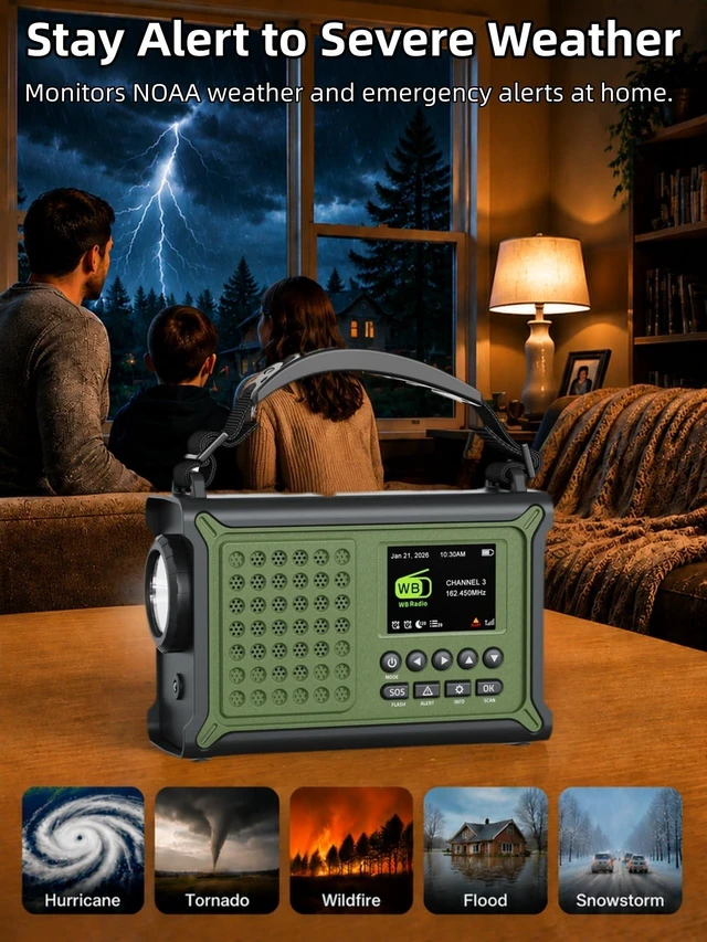Alt view image 4 of 7 - S.A.M.E. NOAA Emergency Weather Radio with FM and 12000mAh Battery S.A.M.E. County Alerts, 80+ Event Codes, 2.4" Color Menu, Solar & Crank Backup, Dual Alarms, Reading Lamp, Flashlight & SOS