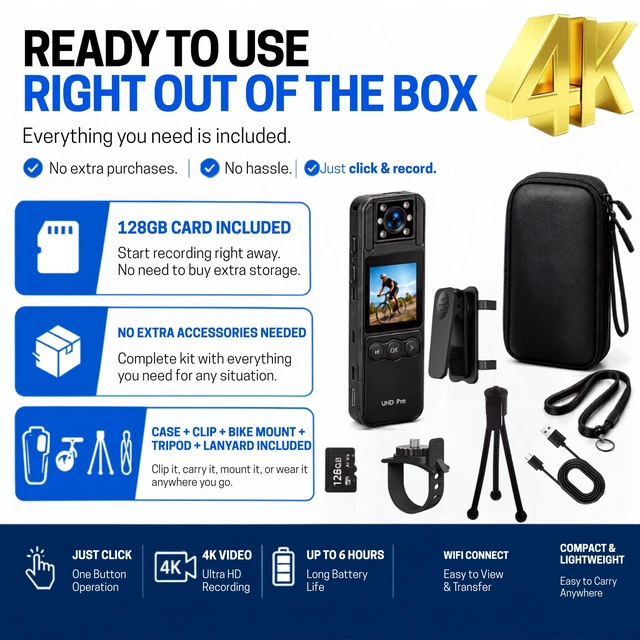 Alt view image 2 of 7 - Body Camera with WiFi and App, 4K Mini Body Cam with 128GB Storage, Night Vision, 180° Rotating Lens, 6-Hour Battery, Wearable Camera with Audio for Personal Security & Outdoor Use