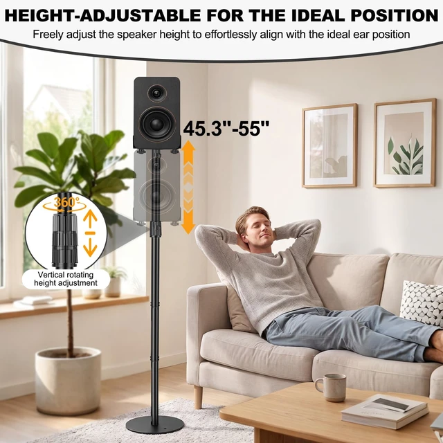 Alt view image 2 of 7 - Universal Speaker Stands Pair 45.3" - 55.1" Height Adjustable Black Bookshelf Speaker Stands for Satellite & Studio Up to 22LBS Cable Concealing, Loaded Plate Extends to 9.1"