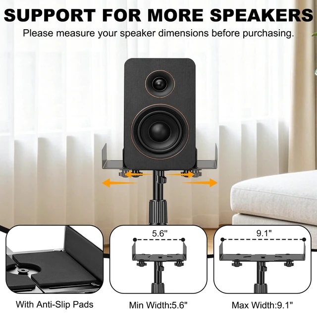 Alt view image 3 of 7 - Universal Speaker Stands Pair 45.3" - 55.1" Height Adjustable Black Bookshelf Speaker Stands for Satellite & Studio Up to 22LBS Cable Concealing, Loaded Plate Extends to 9.1"