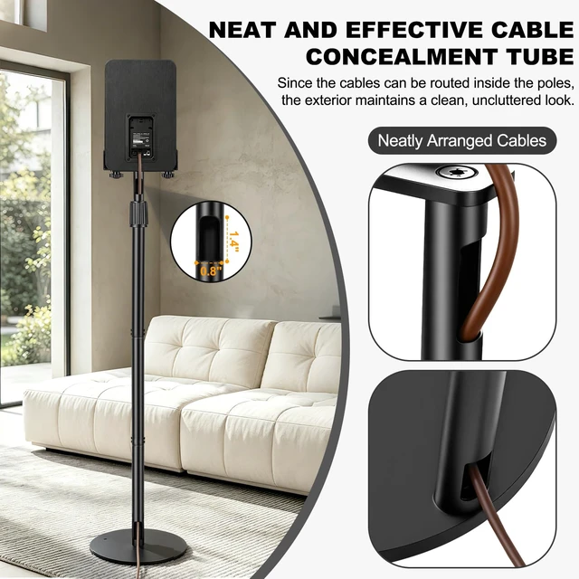 Alt view image 5 of 7 - Universal Speaker Stands Pair 45.3" - 55.1" Height Adjustable Black Bookshelf Speaker Stands for Satellite & Studio Up to 22LBS Cable Concealing, Loaded Plate Extends to 9.1"